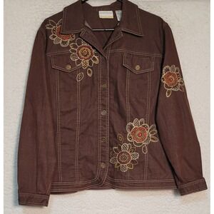 Alfred Dunner Woman Denim Jacket Brown Size 16W Embroidered Long Sleeve 1362